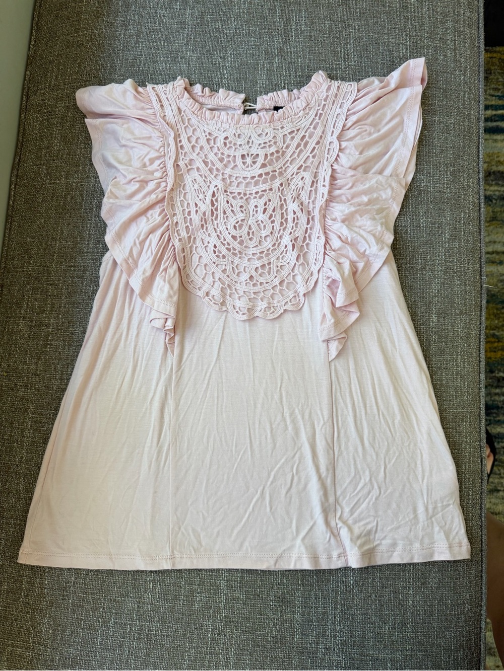 Cable & Gauge Soft Pink Crochet Yoke Ruffle Sleeve Top